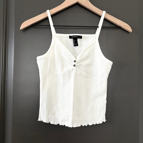 F21 White Button V Neck Dainty Tank Top with Ruffled Hem Size Small - Picture 1 of 4